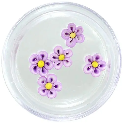 Flori acrilice mov deschis și albe pentru nail art, cu centrul galben