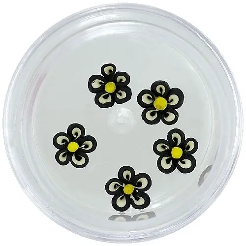 Decorațiuni unghii - flori acrilice, negre și albe, cu centrul galben